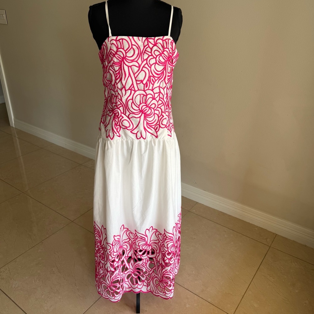 White Pink Floral Midi Dress Cutout Hem Spaghetti Strap Resort Summer Dress M
